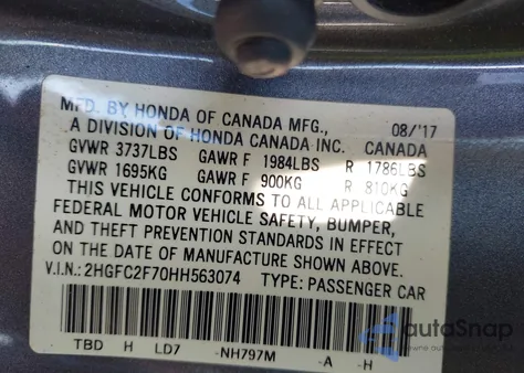 2017 Honda Civic Ex z USA, uszkodzony, nr VIN 2HGFC2F70HH563074